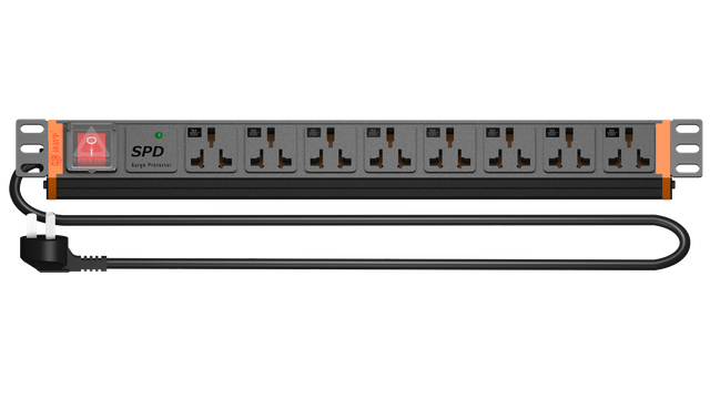 1U 19 Inch Rack Mount Power Strip 8 Outlet Industrial PDU Front View with Universal Sockets